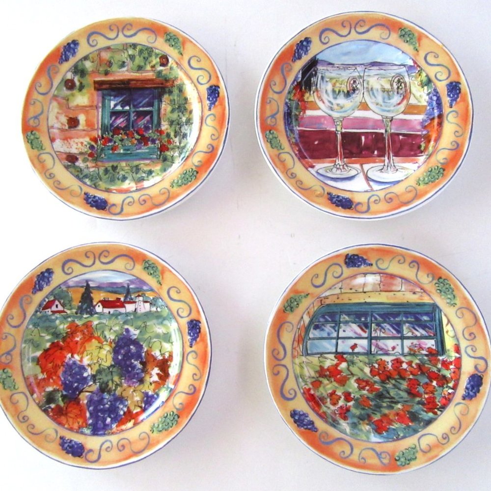 Anne Ormsby small appetizer cocktail plates - wine, grapes, flowers, windowsills